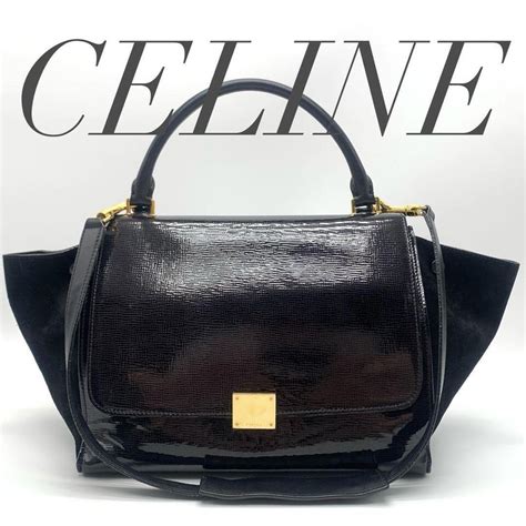 Celine Trapeze Handbag Black Enamel Leather 2WAY Gold 